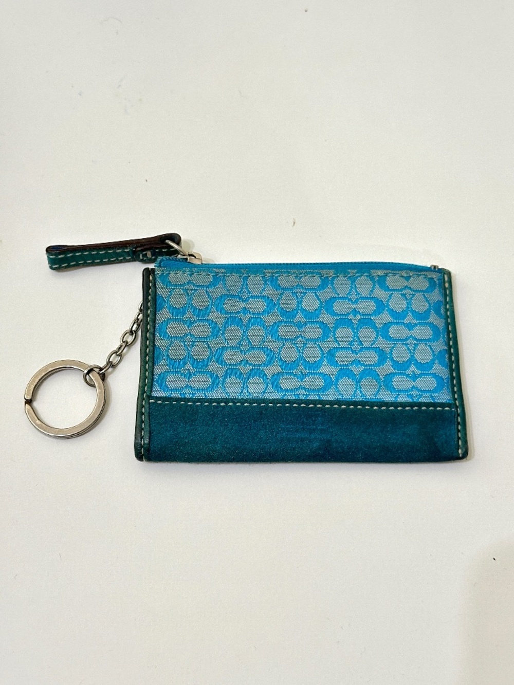 Rare Coach Blue Signature Logo Leather Zip Coin Pouch Card Holder Keyring Wallet